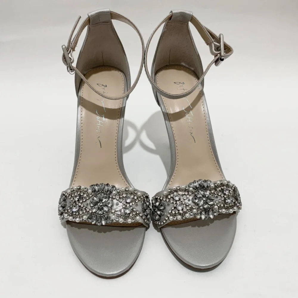 Betsey Johnson Gina Jeweled Ankle Strap Dress Sandals Silver Satin Stiletto Heel - Picture 8 of 14